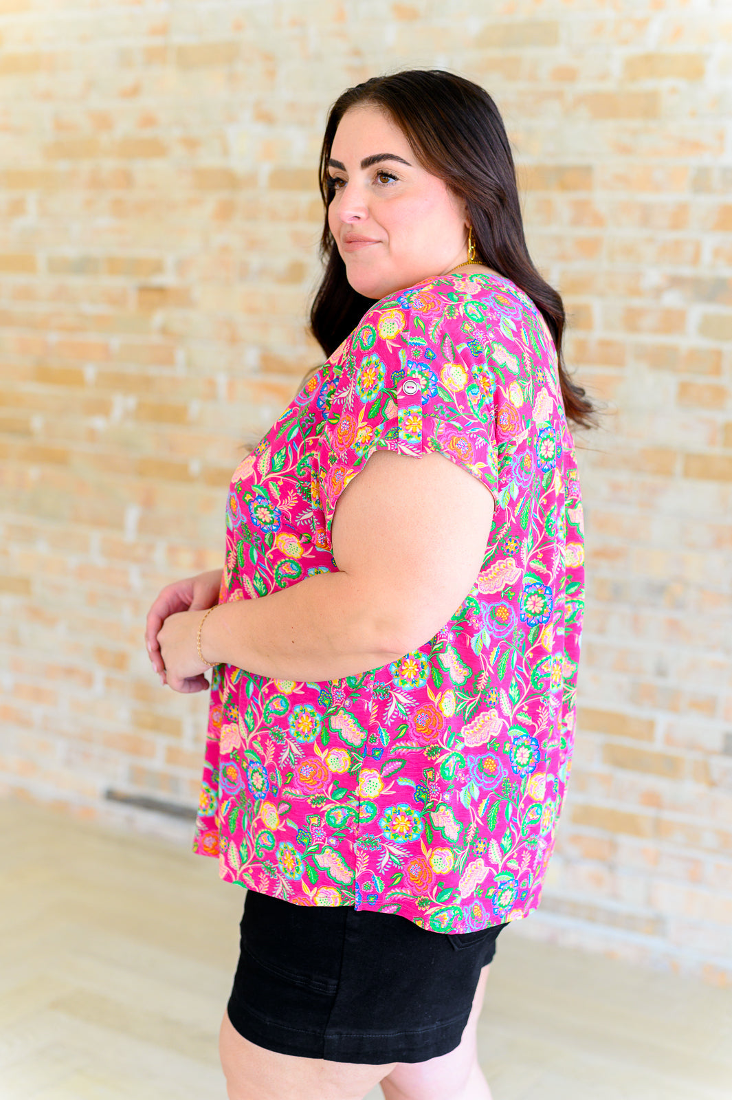 Lizzy Cap Sleeve Top in Fuchsia and Green Floral Paisley Southern Soul Collectives