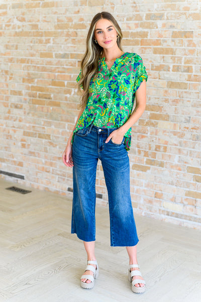 Lizzy Cap Sleeve Top in Green and Royal Watercolor Floral Southern Soul Collectives