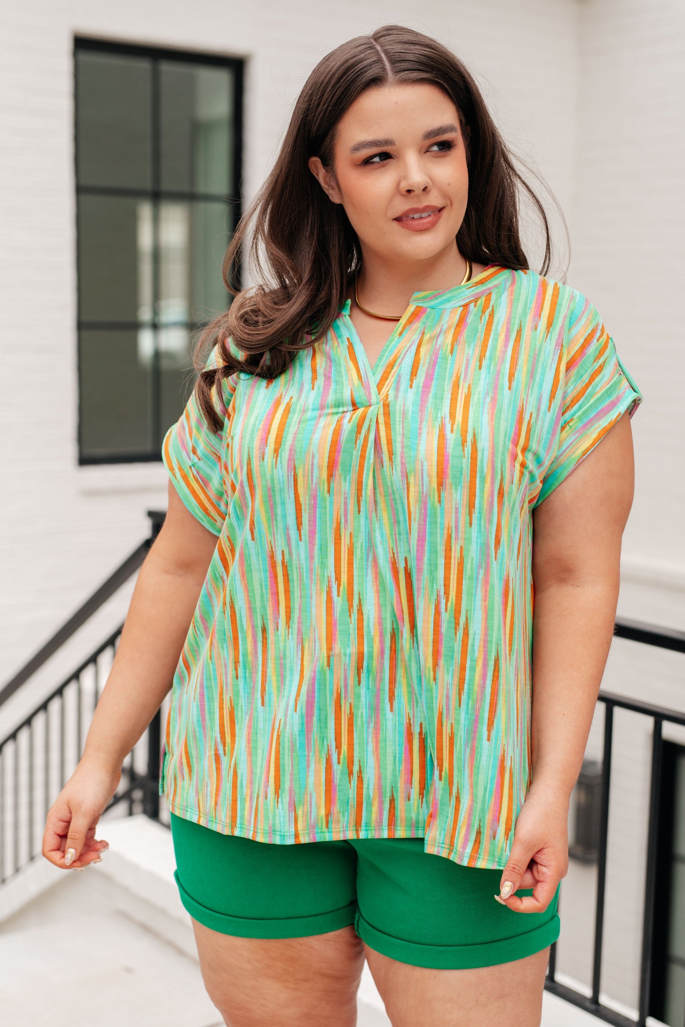 Lizzy Cap Sleeve Top in Lime and Emerald Multi Stripe Southern Soul Collectives