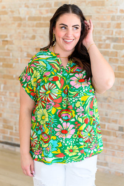 Lizzy Cap Sleeve Top in Retro Green Floral Southern Soul Collectives