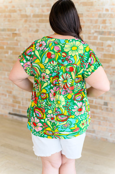 Lizzy Cap Sleeve Top in Retro Green Floral Southern Soul Collectives