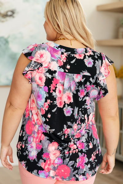 Lizzy Flutter Sleeve Top in Black and Dusty Pink Floral Southern Soul Collectives