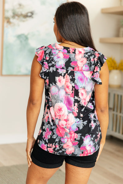 Lizzy Flutter Sleeve Top in Black and Dusty Pink Floral Southern Soul Collectives