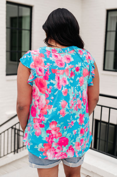 Lizzy Flutter Sleeve Top in Blue and Pink Roses Southern Soul Collectives