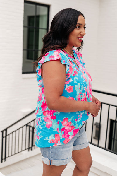 Lizzy Flutter Sleeve Top in Blue and Pink Roses Southern Soul Collectives