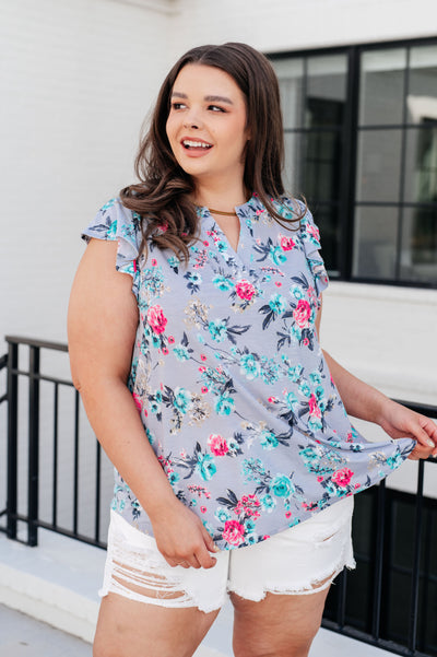 Lizzy Flutter Sleeve Top in Grey and Mint Floral Southern Soul Collectives