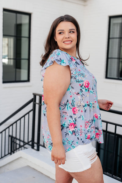 Lizzy Flutter Sleeve Top in Grey and Mint Floral Southern Soul Collectives