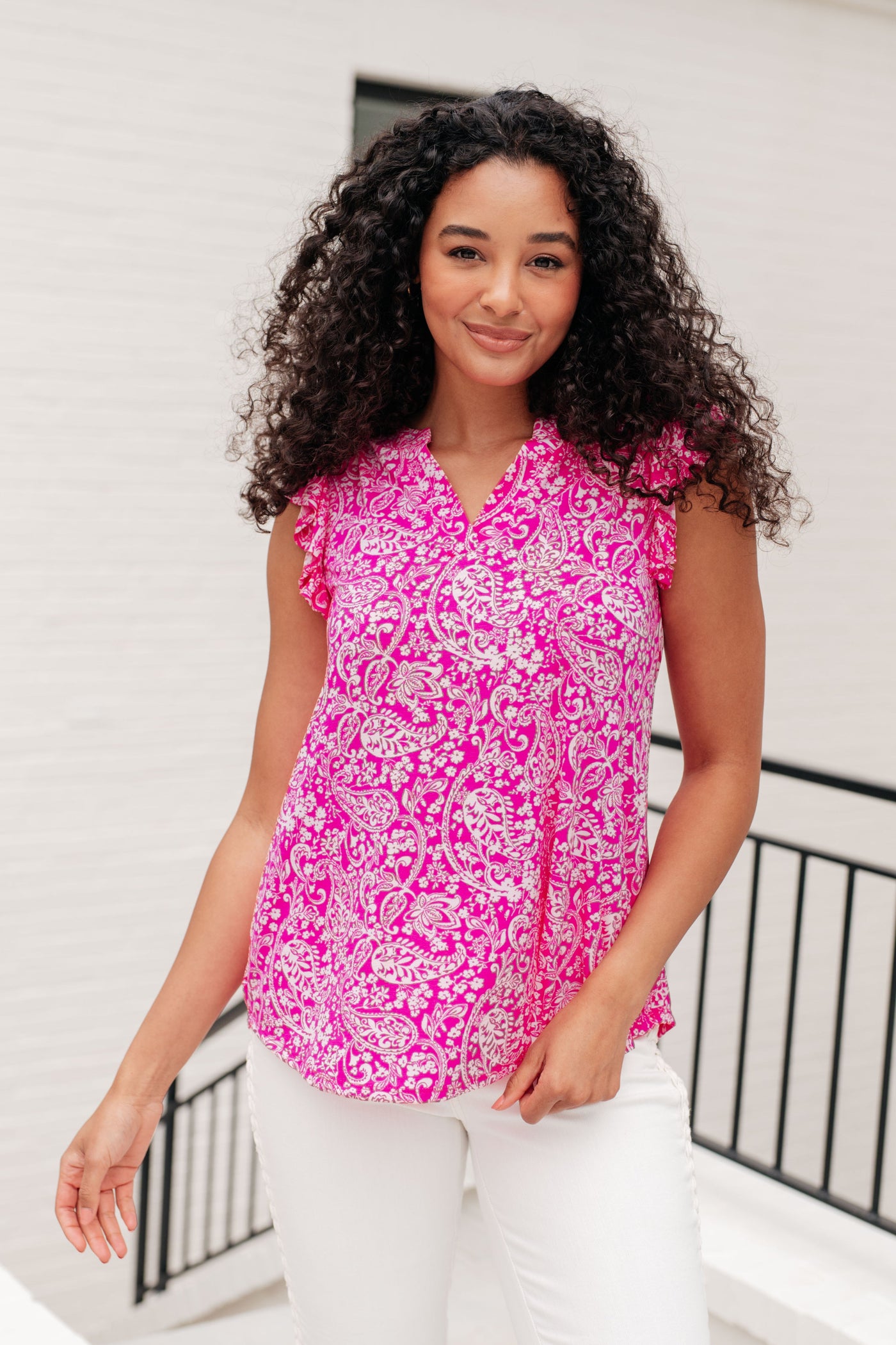 Lizzy Flutter Sleeve Top in Hot Pink and White Floral Southern Soul Collectives