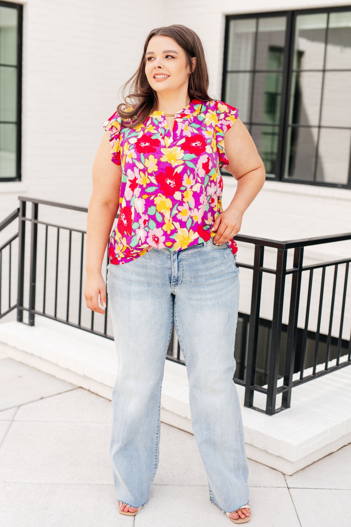 Lizzy Flutter Sleeve Top in Magenta and Yellow Floral Southern Soul Collectives
