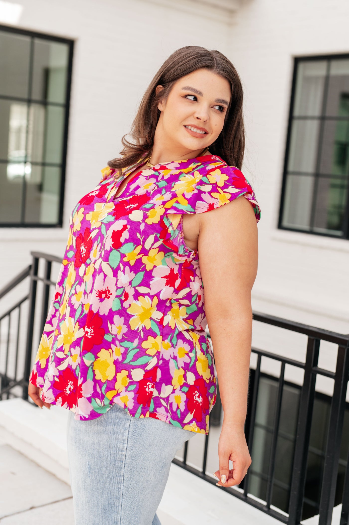 Lizzy Flutter Sleeve Top in Magenta and Yellow Floral Southern Soul Collectives