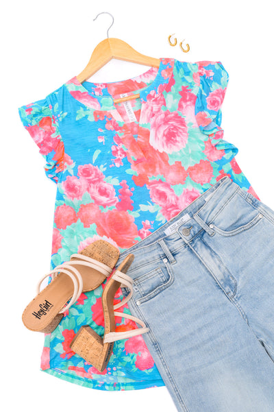 Lizzy Flutter Sleeve Top in Blue and Pink Roses Southern Soul Collectives