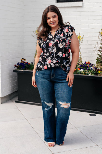 Lizzy Flutter Sleeve Top in Black and Muted Pink Floral Southern Soul Collectives