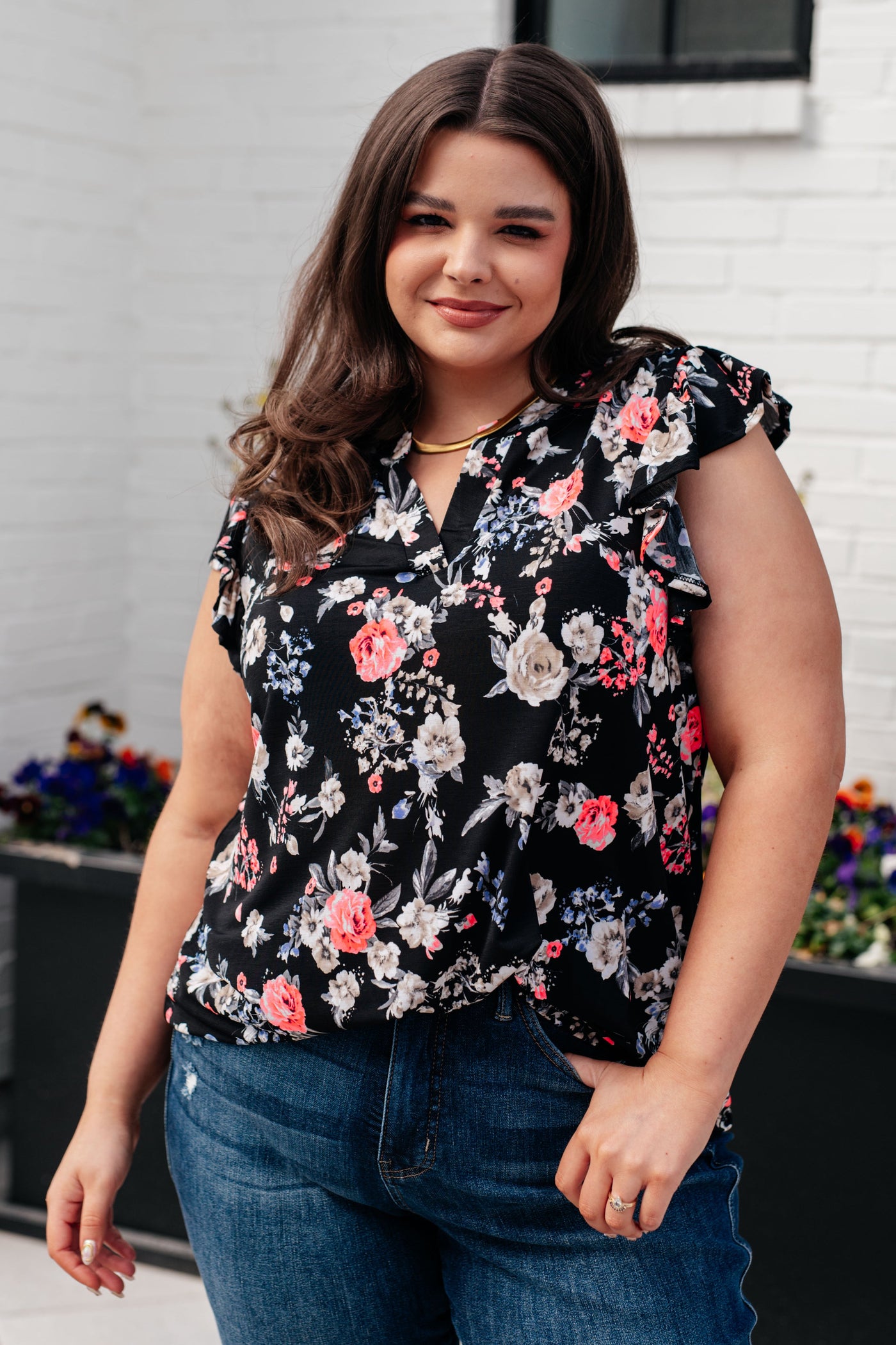 Lizzy Flutter Sleeve Top in Black and Muted Pink Floral Southern Soul Collectives