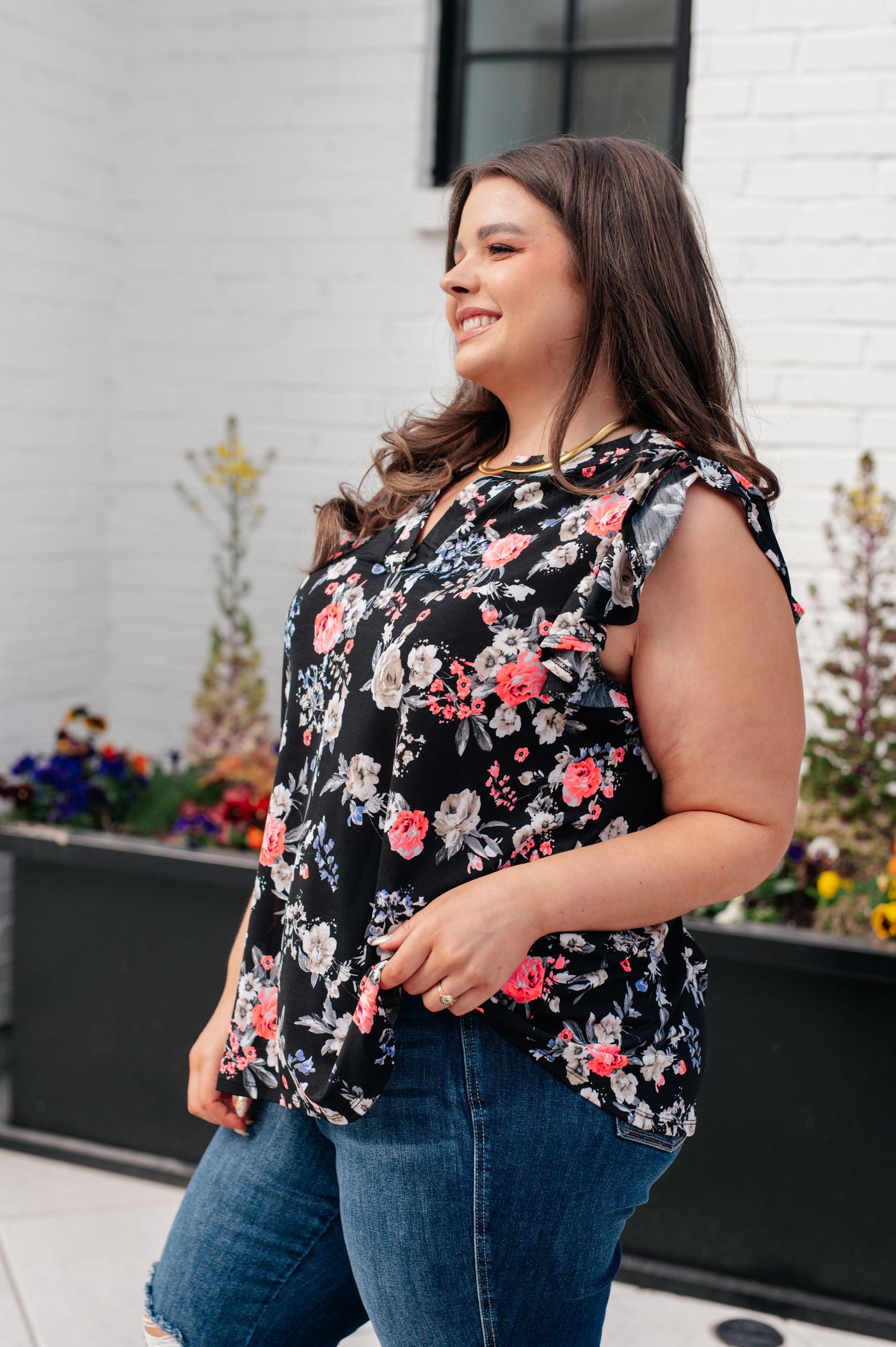 Lizzy Flutter Sleeve Top in Black and Muted Pink Floral Southern Soul Collectives