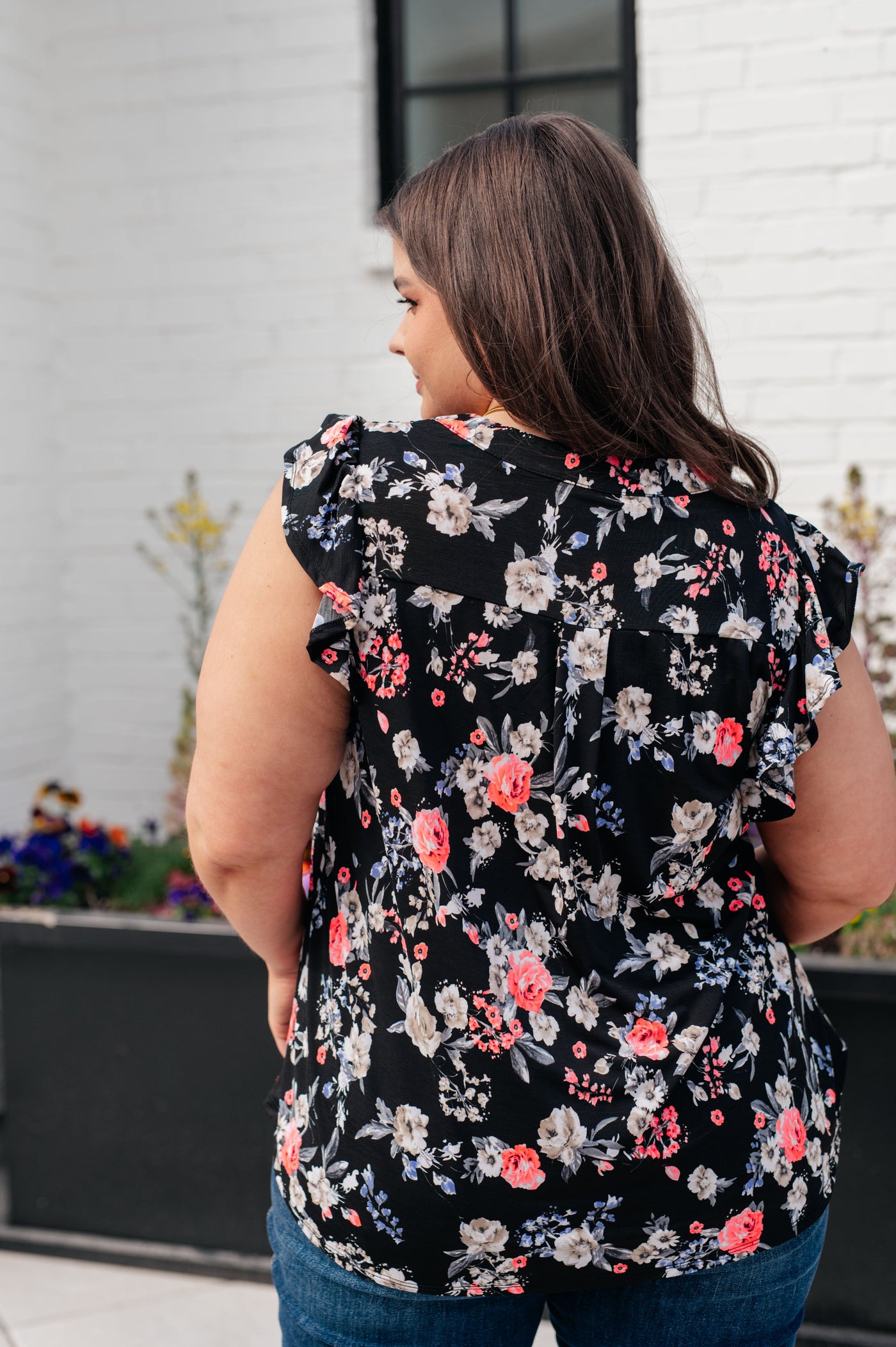 Lizzy Flutter Sleeve Top in Black and Muted Pink Floral Southern Soul Collectives