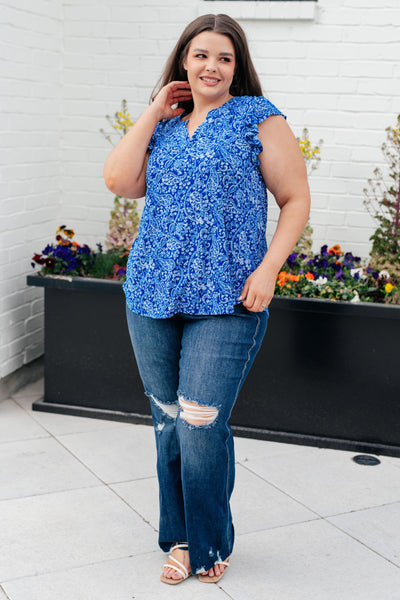 Lizzy Flutter Sleeve Top in Royal Blue and White Floral Southern Soul Collectives