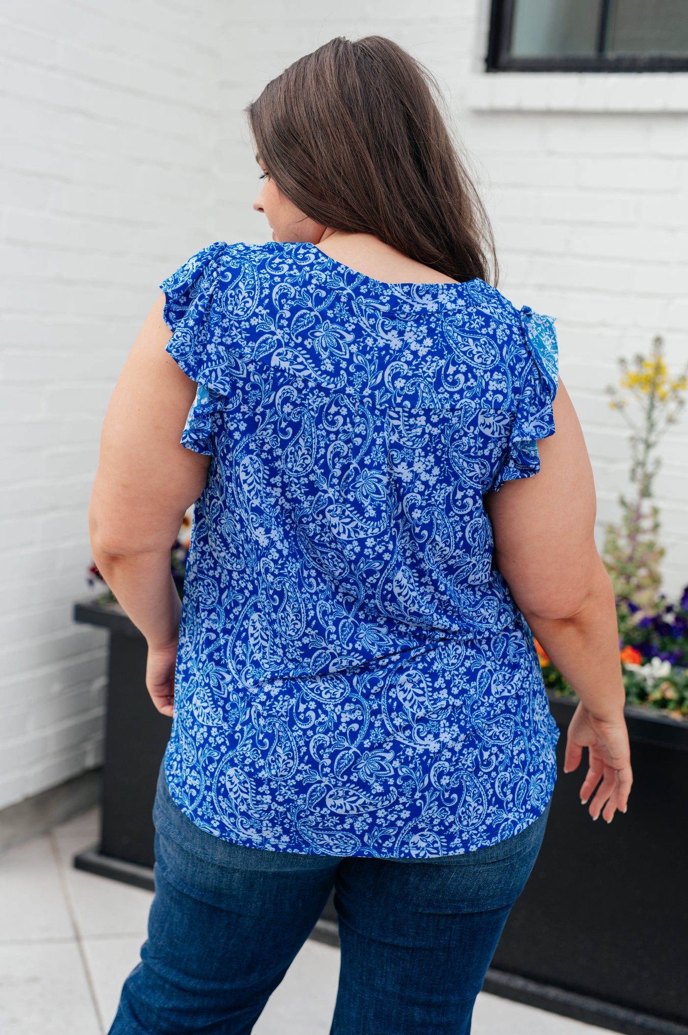 Lizzy Flutter Sleeve Top in Royal Blue and White Floral Southern Soul Collectives