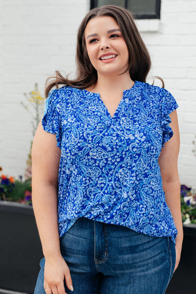 Lizzy Flutter Sleeve Top in Royal Blue and White Floral Southern Soul Collectives