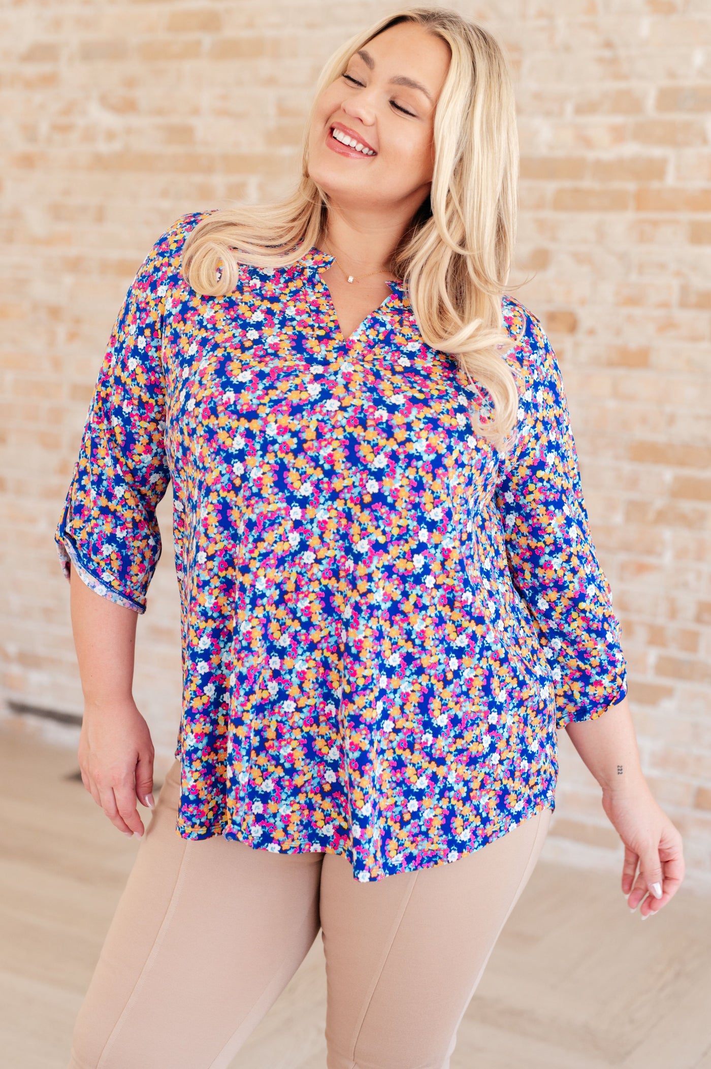 Lizzy Top in Blue and Pink Retro Ditsy Floral Southern Soul Collectives