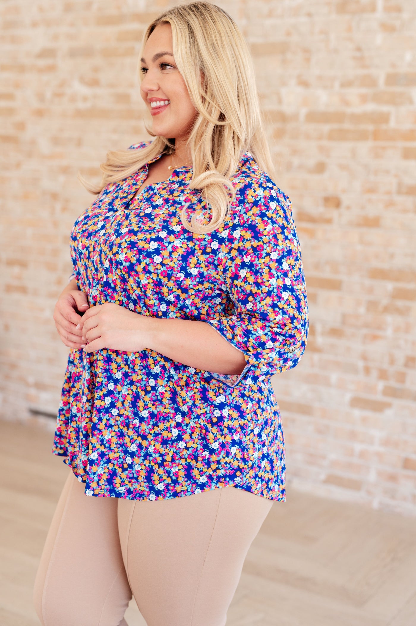 Lizzy Top in Blue and Pink Retro Ditsy Floral Southern Soul Collectives