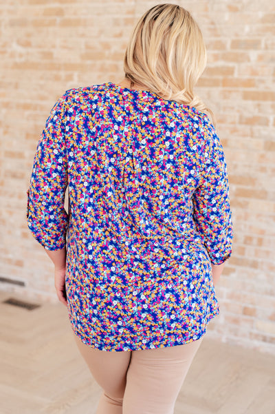 Lizzy Top in Blue and Pink Retro Ditsy Floral Southern Soul Collectives