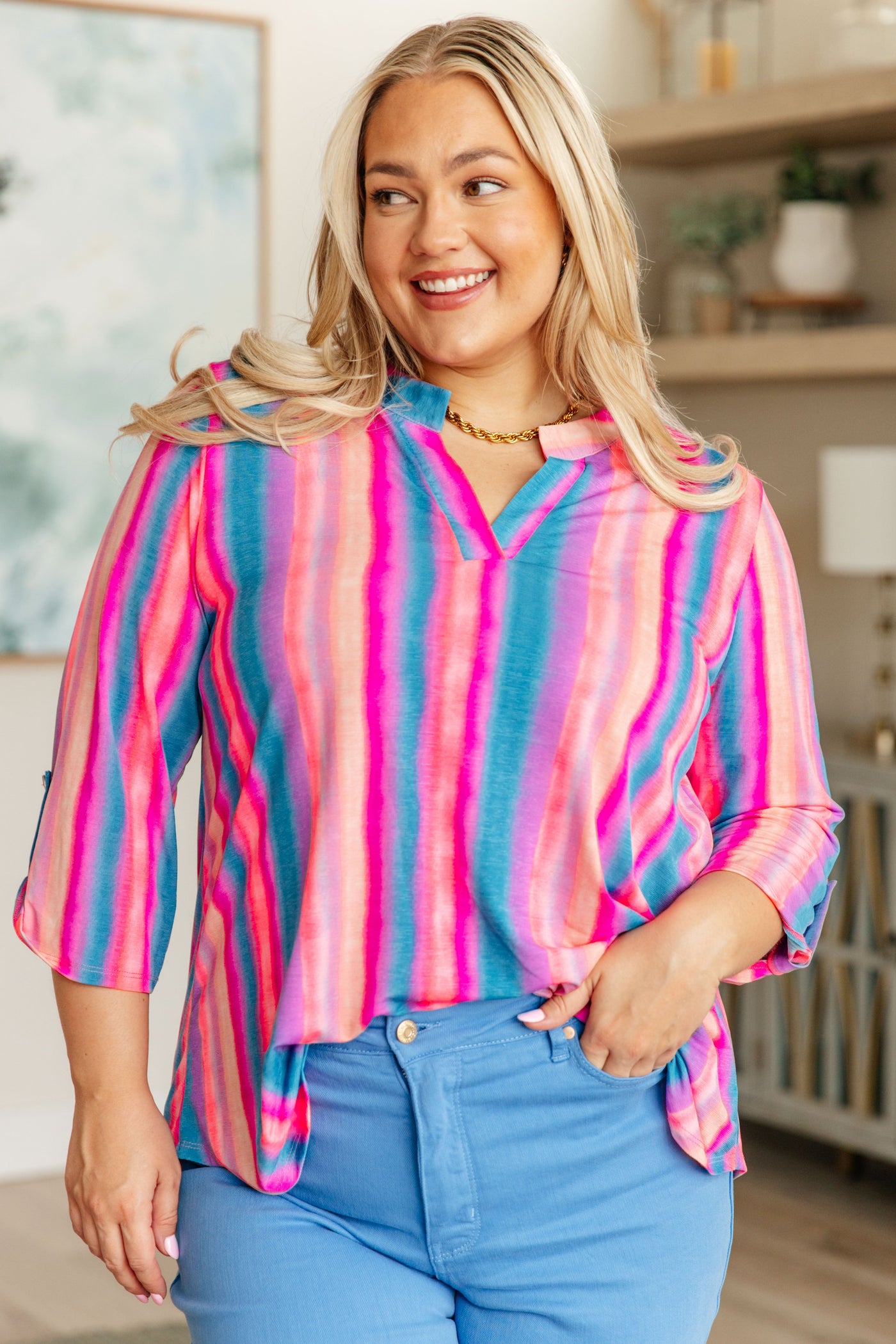 Lizzy Top in Blue and Pink Stripe Southern Soul Collectives