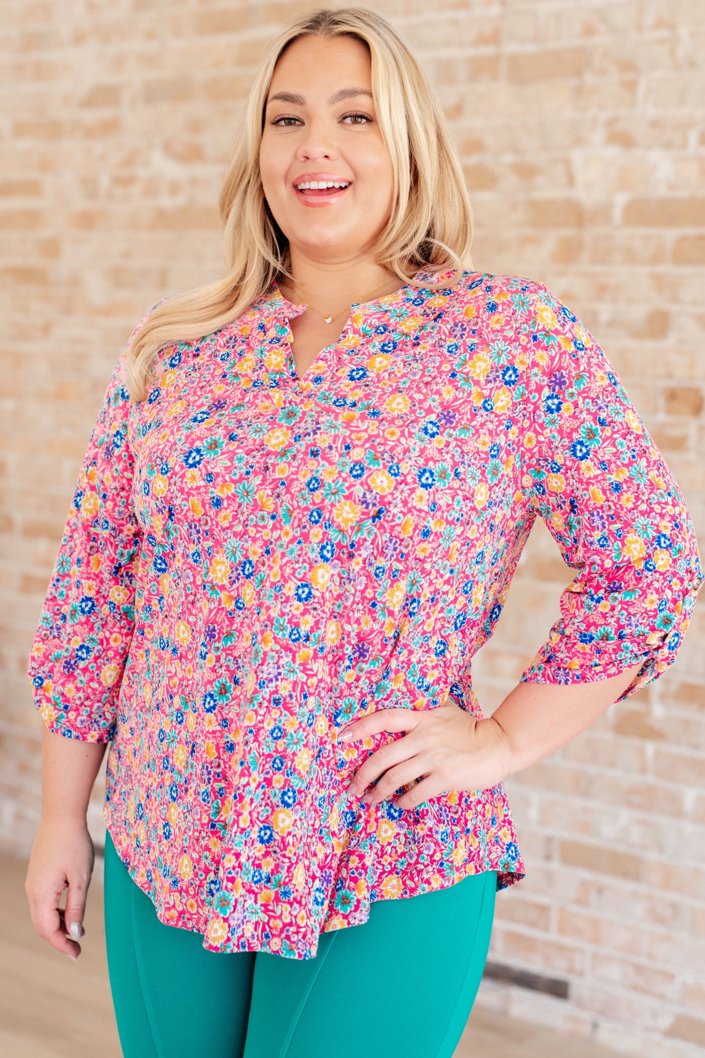 Lizzy Top in Hot Pink and Turquoise Ditsy Floral Southern Soul Collectives