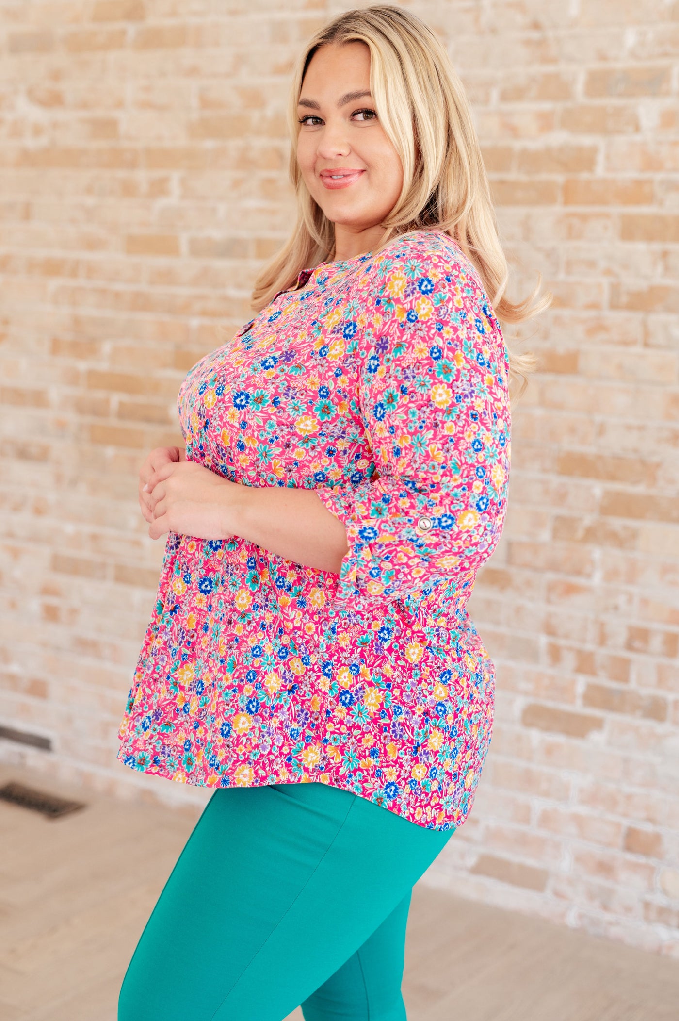 Lizzy Top in Hot Pink and Turquoise Ditsy Floral Southern Soul Collectives