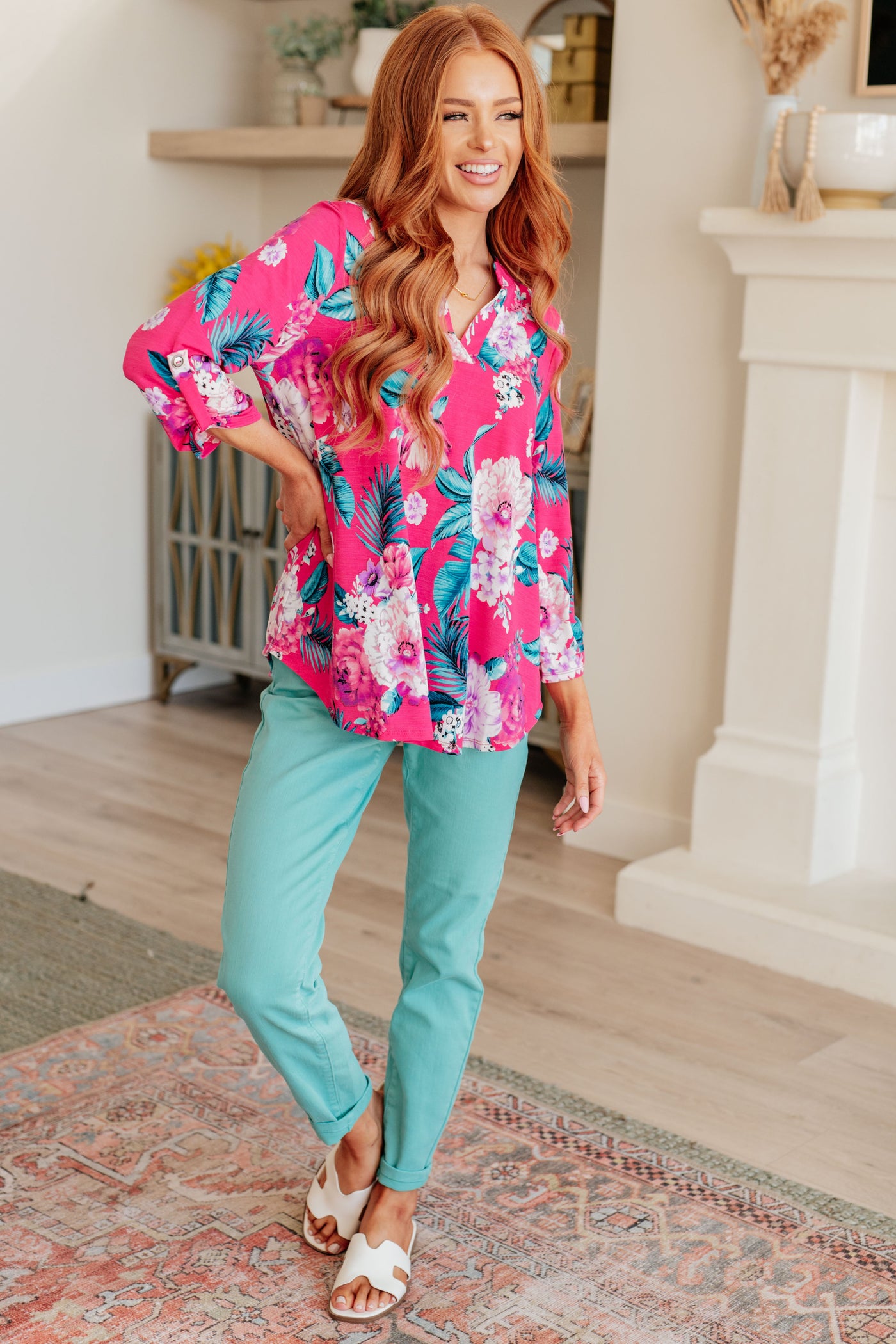 Lizzy Top in Magenta and Teal Tropical Floral Southern Soul Collectives