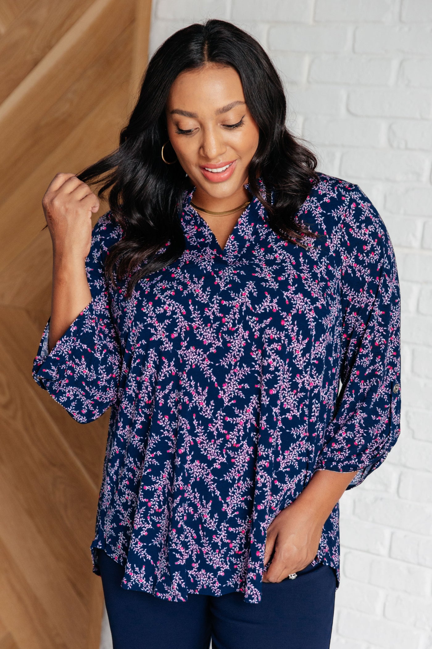 Lizzy Top in Navy and Magenta Petite Floral Southern Soul Collectives