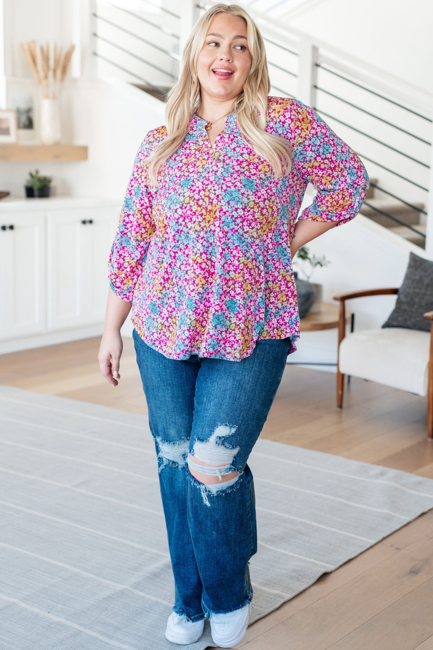 Lizzy Top in Pink and Aqua Ditsy Floral Southern Soul Collectives