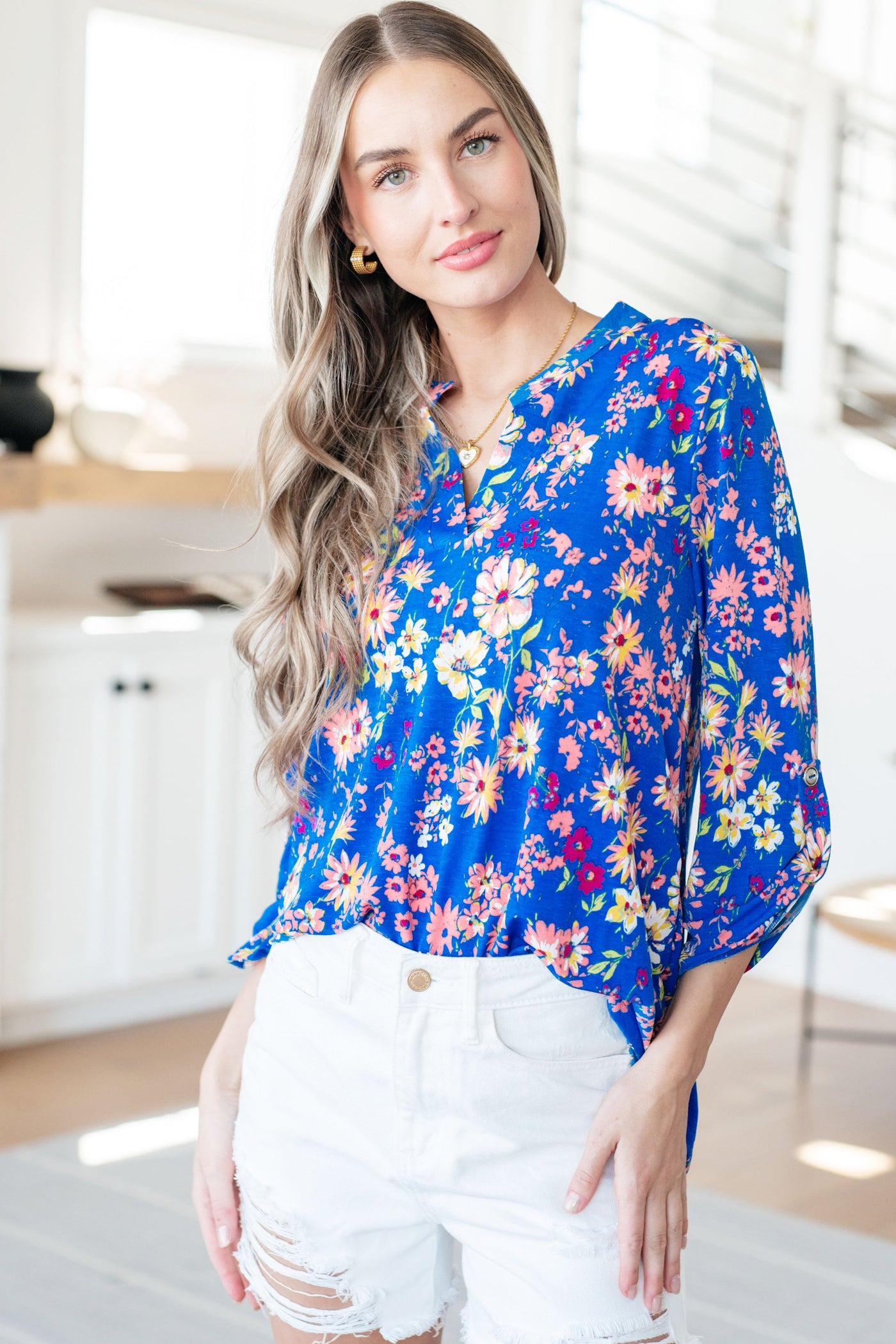 Lizzy Top in Royal and Blush Floral Southern Soul Collectives