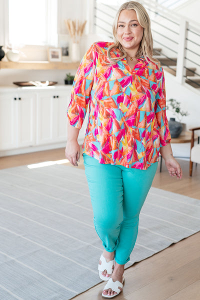 Lizzy Top in Teal and Hot Pink Abstract Fans Southern Soul Collectives