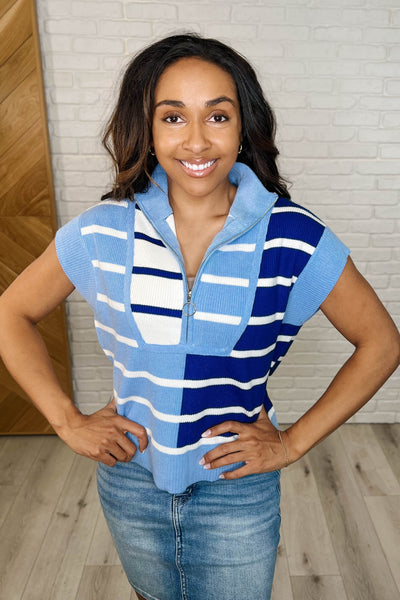 Lonely Traveler Striped Quarter Zip Vest in Blue Southern Soul Collectives