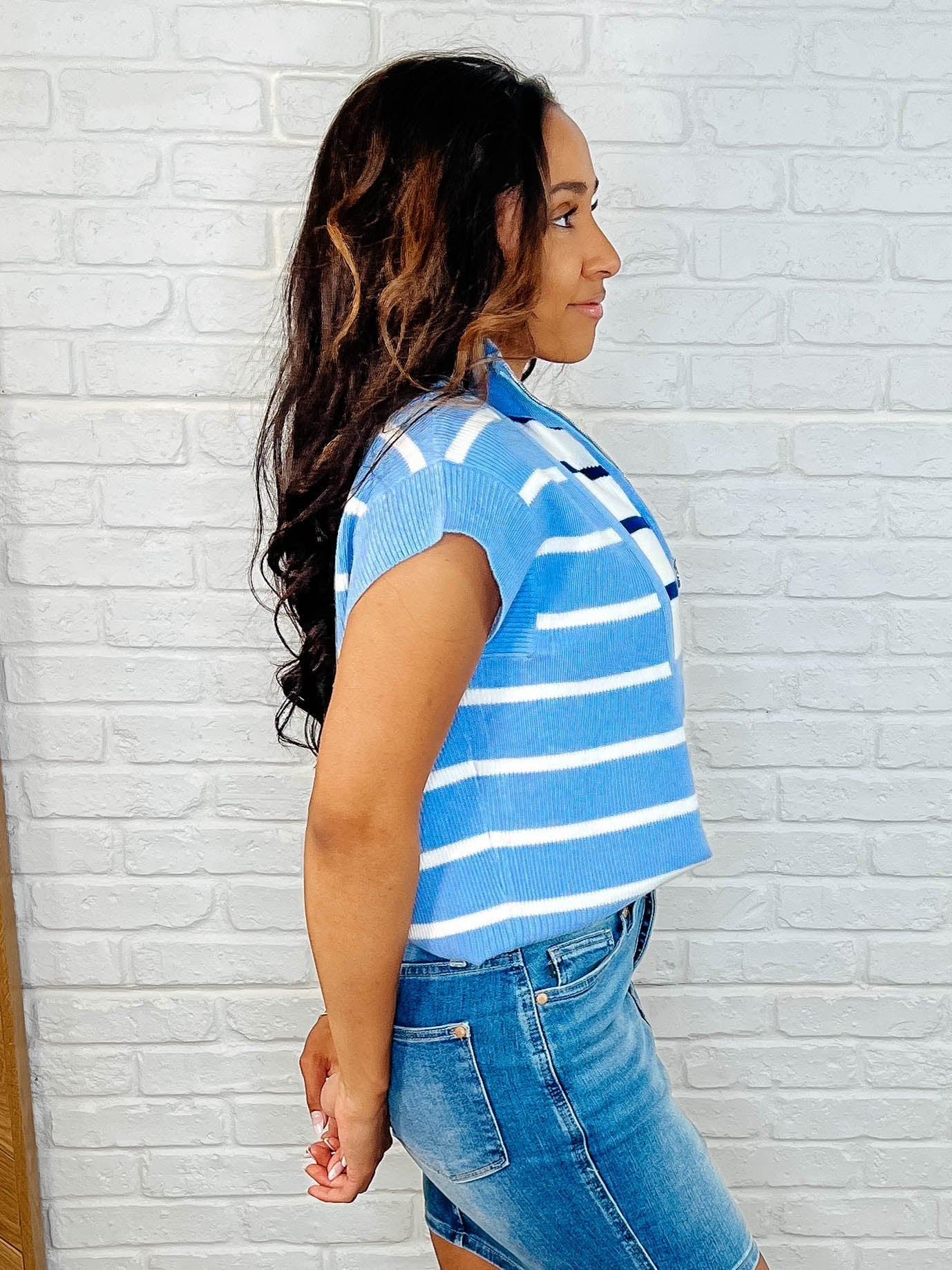 Lonely Traveler Striped Quarter Zip Vest in Blue Southern Soul Collectives