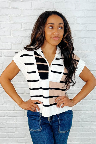 Lonely Traveler Striped Quarter Zip Vest in White Southern Soul Collectives