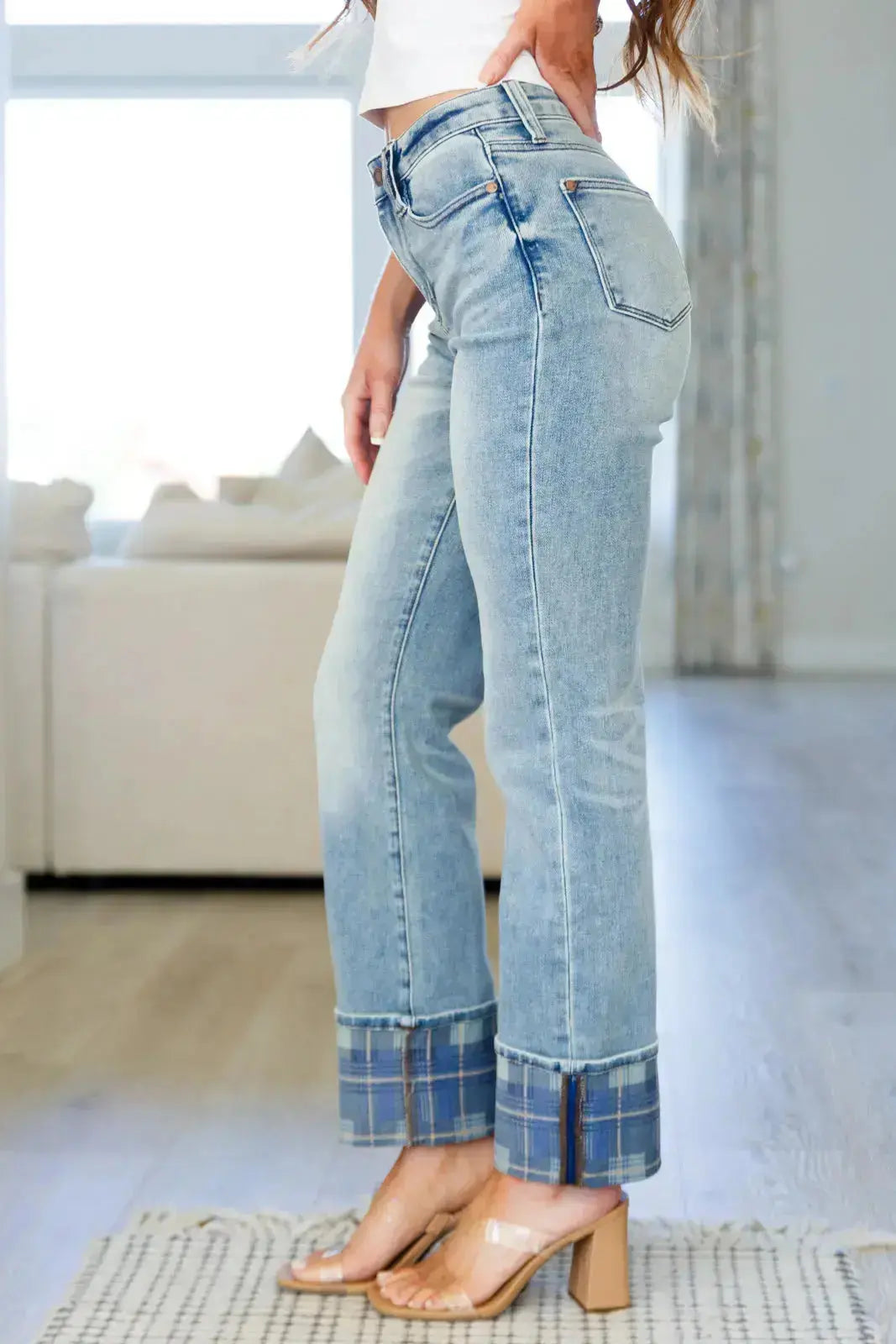 Miranda High Rise Plaid Cuff Vintage Straight Jeans Womens Southern Soul Collectives