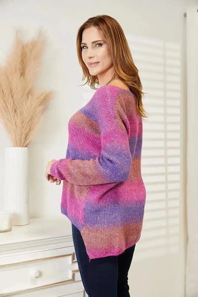 Multicolored Rib-Knit V-Neck Pullover in Purple Pink  Southern Soul Collectives