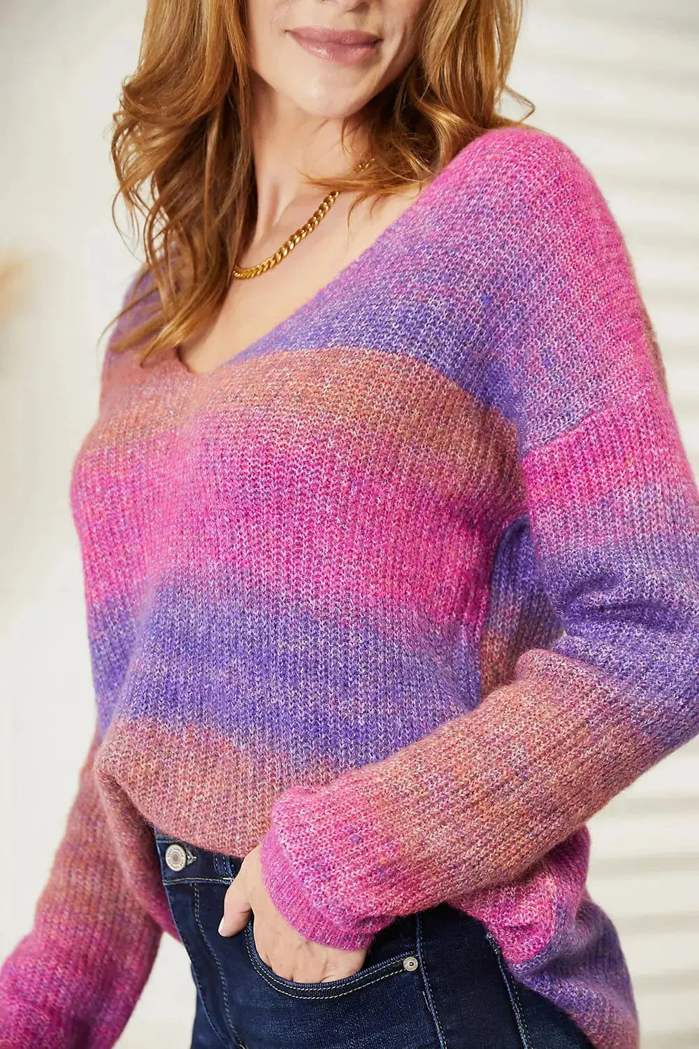 Multicolored Rib-Knit V-Neck Pullover in Purple Pink  Southern Soul Collectives
