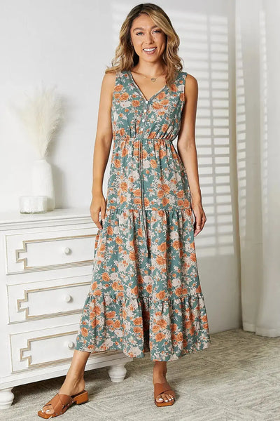 Natural in Floral V-Neck Tiered Sleeveless Dress  Southern Soul Collectives