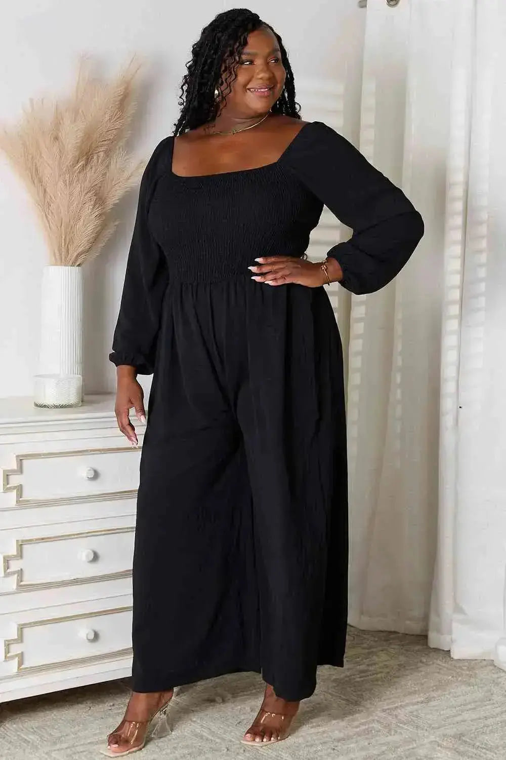 Night on the Town Square Neck Rouched Bodie Long Sleeve Jumpsuit with Pockets in Black  Southern Soul Collectives