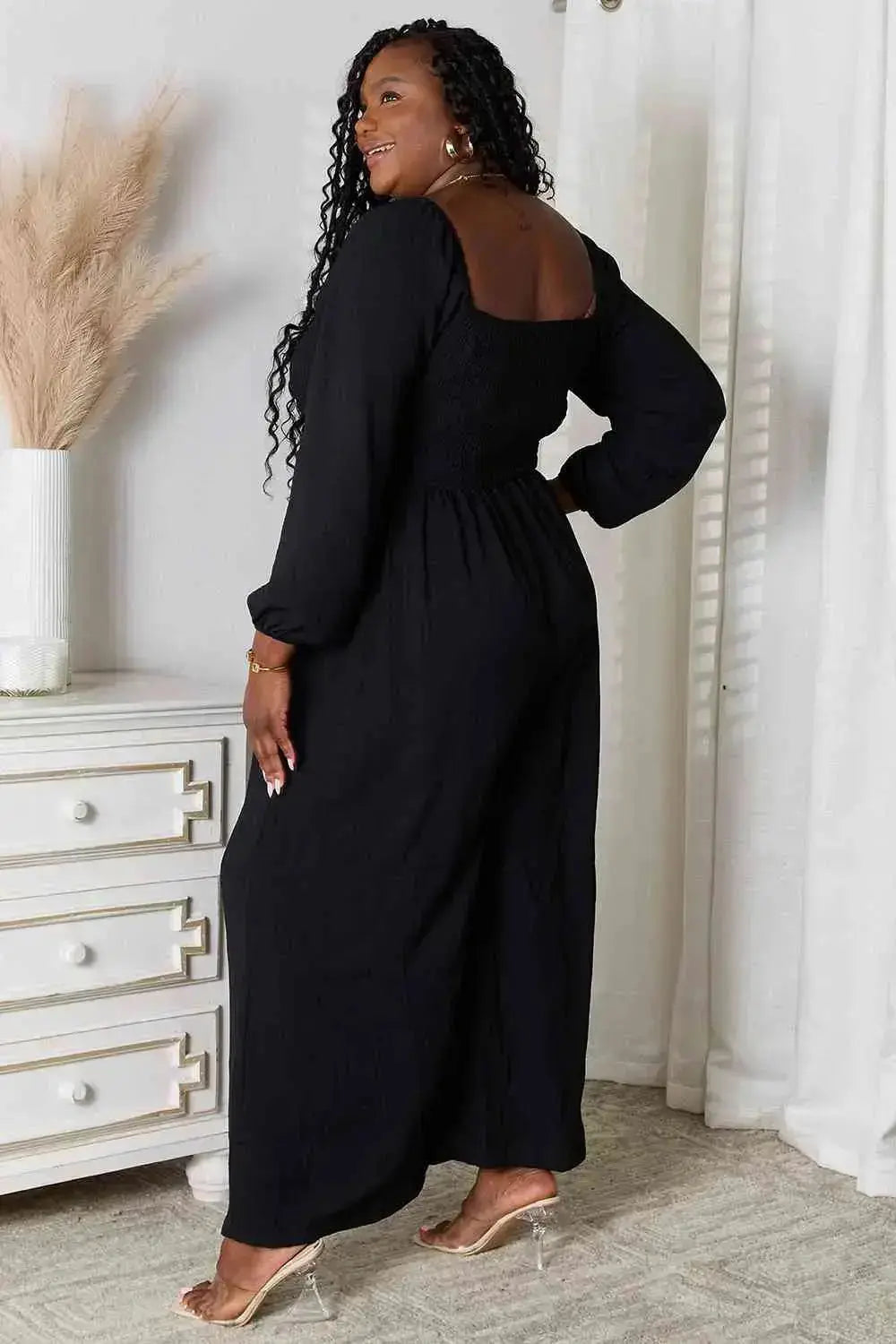 Night on the Town Square Neck Rouched Bodie Long Sleeve Jumpsuit with Pockets in Black  Southern Soul Collectives