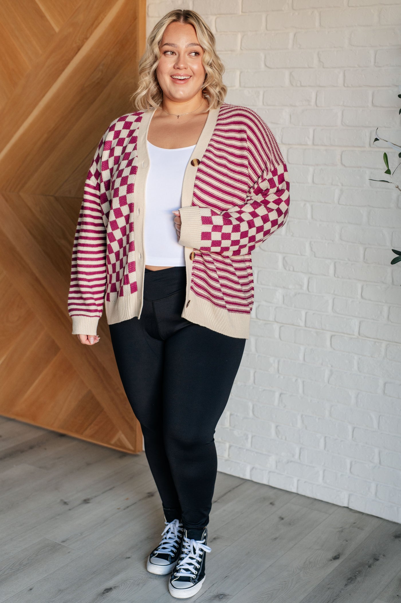 No Brainer Button Down Sweater Knit Cardigan in Magenta/Oatmeal Southern Soul Collectives