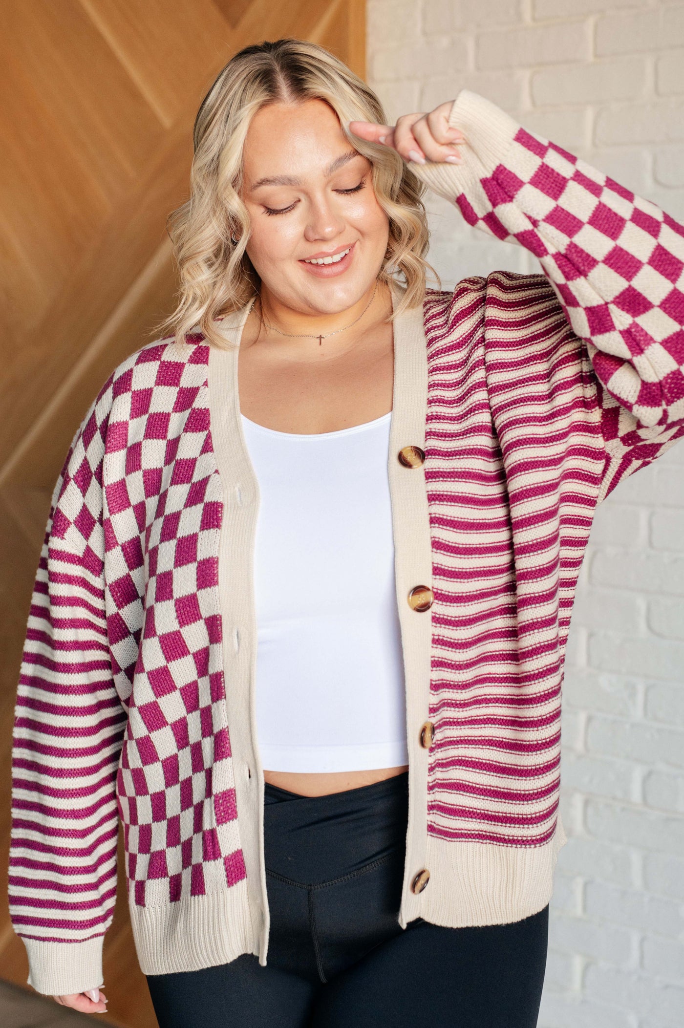 No Brainer Button Down Sweater Knit Cardigan in Magenta/Oatmeal Southern Soul Collectives