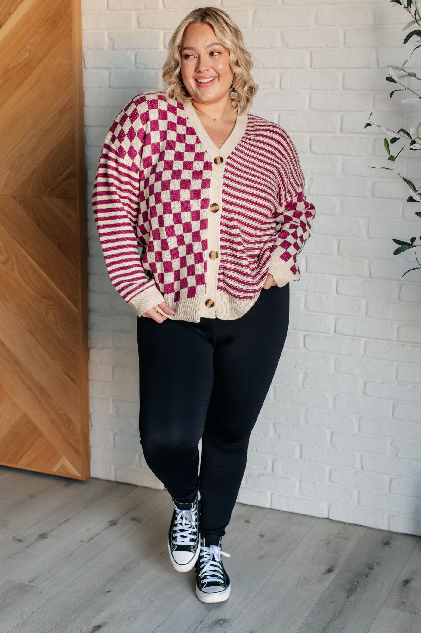 No Brainer Button Down Sweater Knit Cardigan in Magenta/Oatmeal Southern Soul Collectives