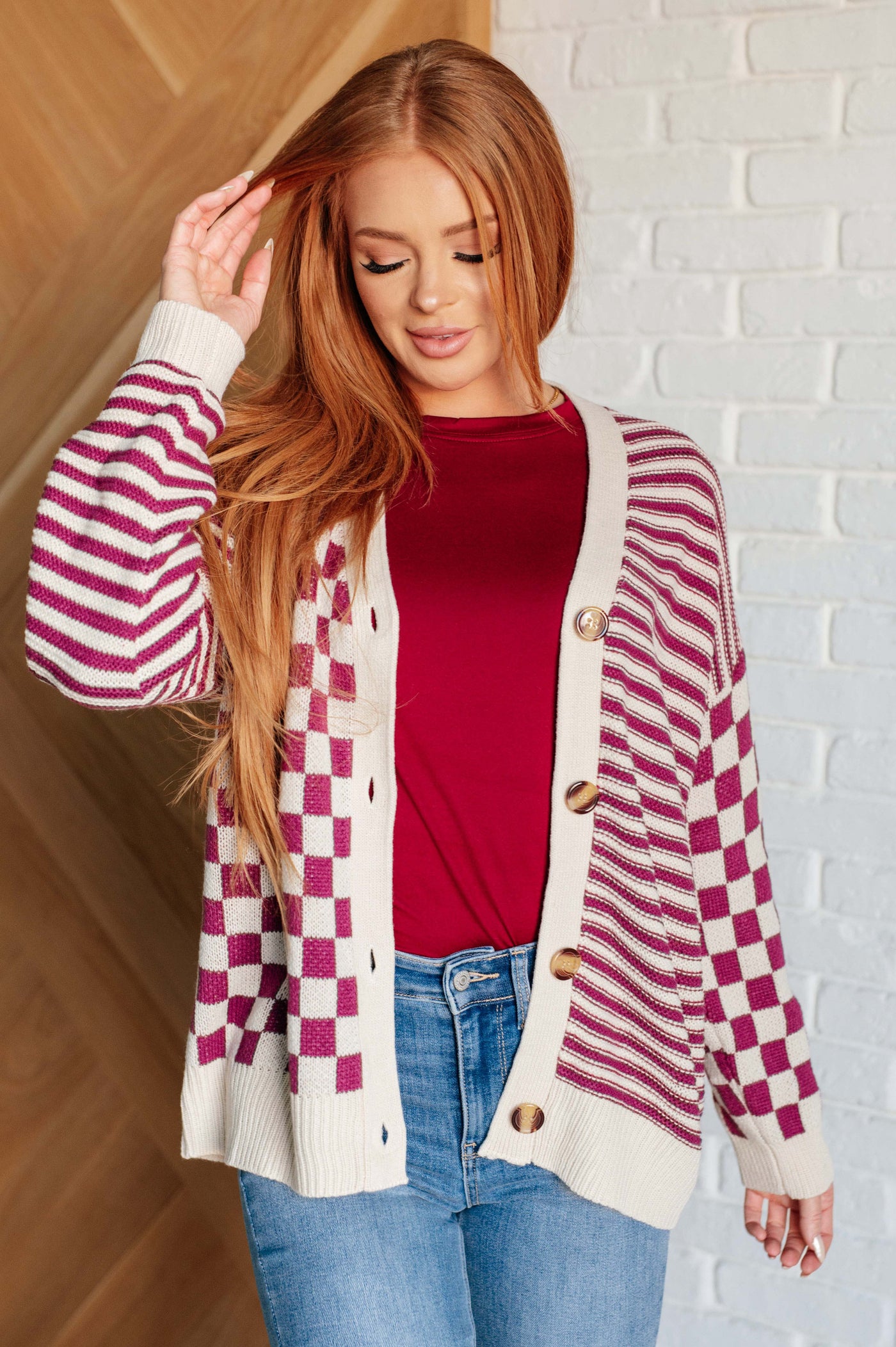 No Brainer Button Down Sweater Knit Cardigan in Magenta/Oatmeal Southern Soul Collectives