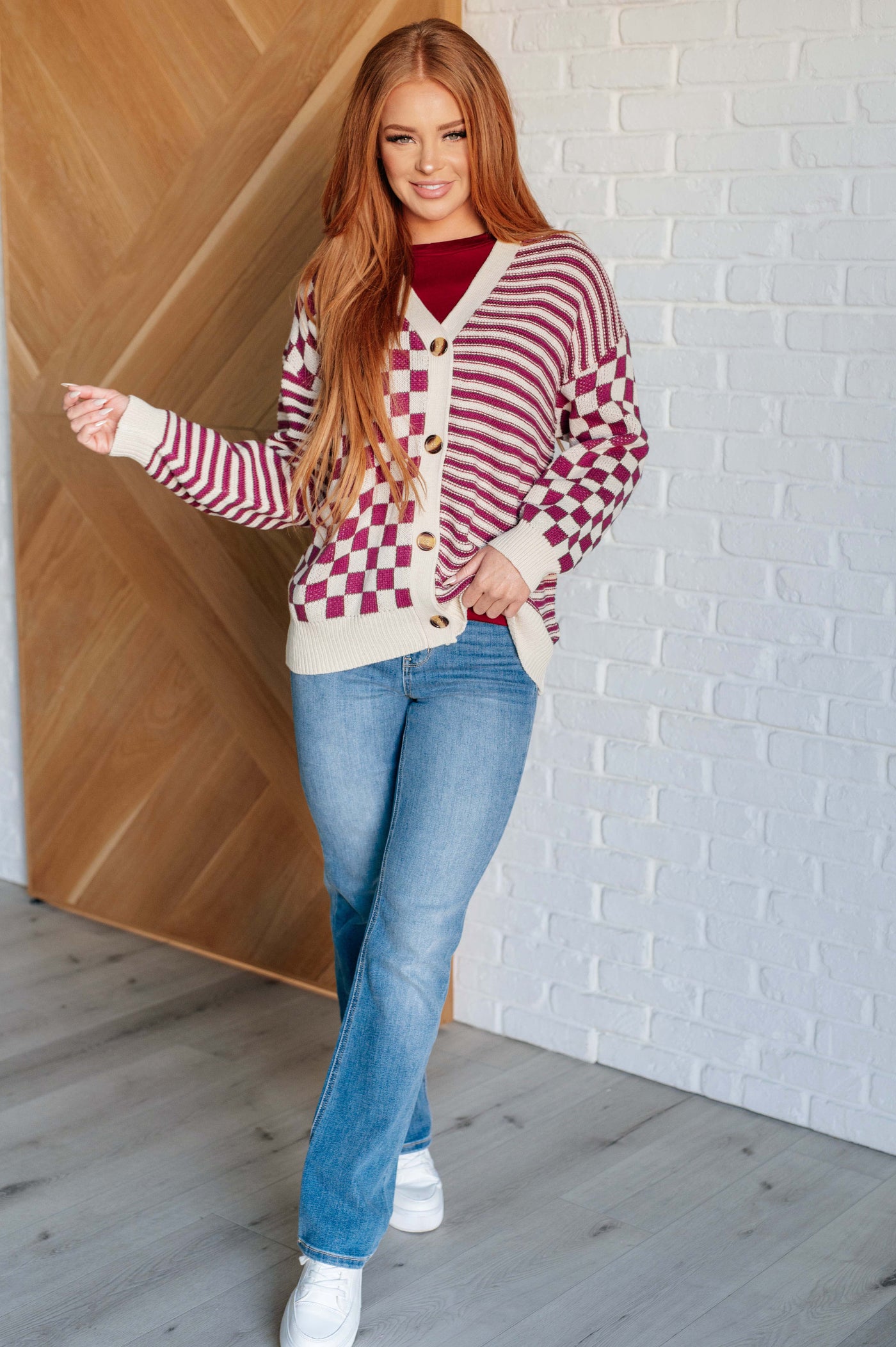 No Brainer Button Down Sweater Knit Cardigan in Magenta/Oatmeal Southern Soul Collectives