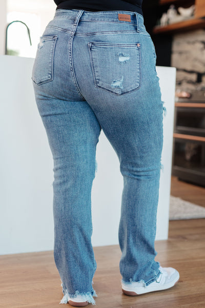 Judy Blue O'Hara Mid Rise Destroyed Straight Jeans in Medium Wash Womens Southern Soul Collectives