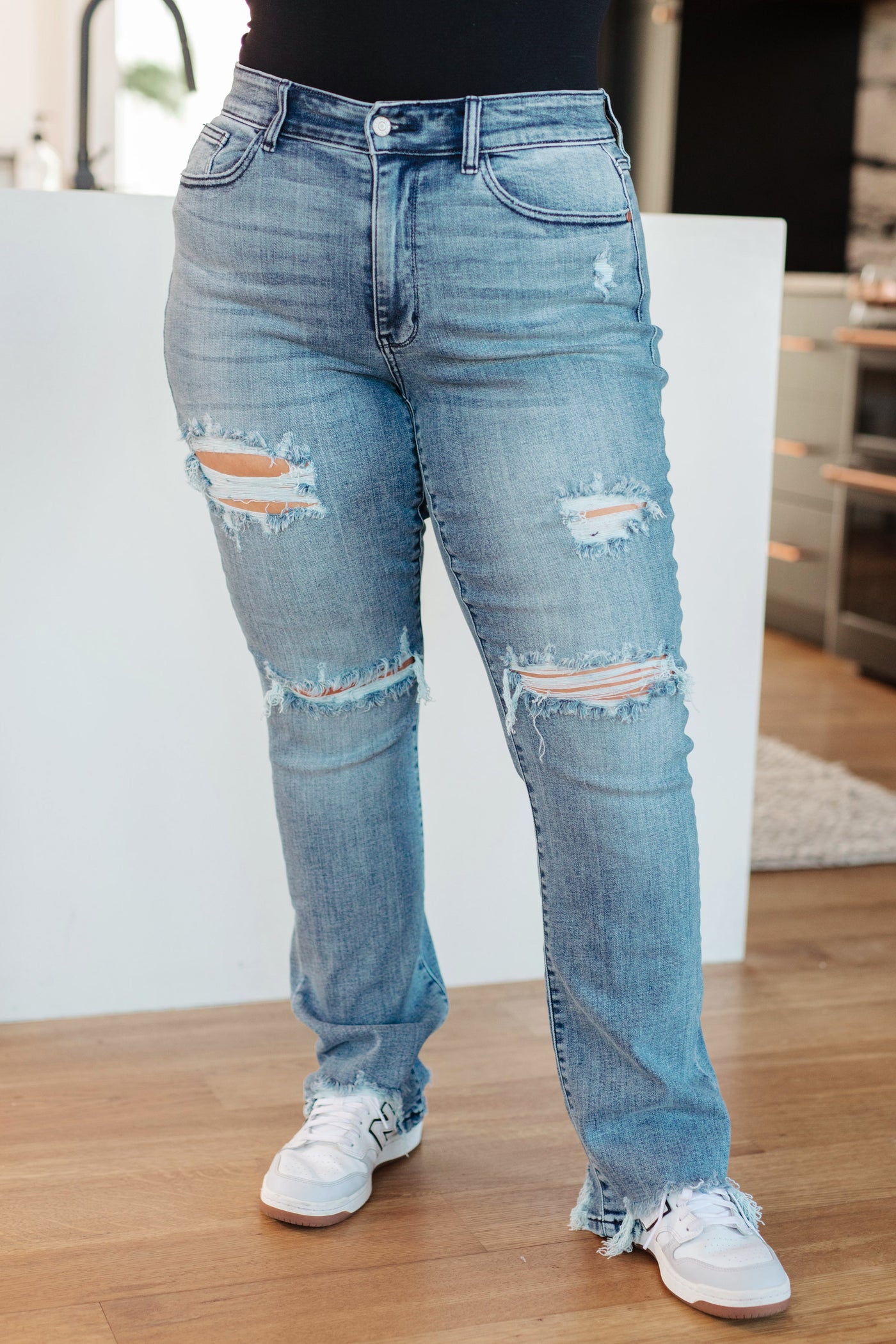 Judy Blue O'Hara Mid Rise Destroyed Straight Jeans in Medium Wash Womens Southern Soul Collectives