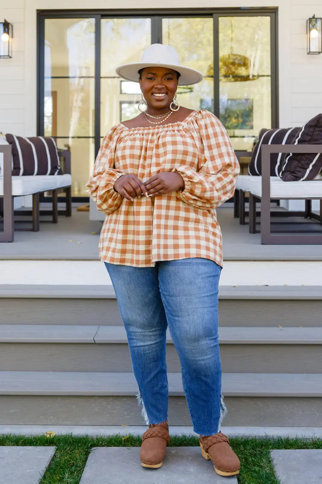 One Fine Afternoon Gingham Plaid Top In Caramel Womens Southern Soul Collectives